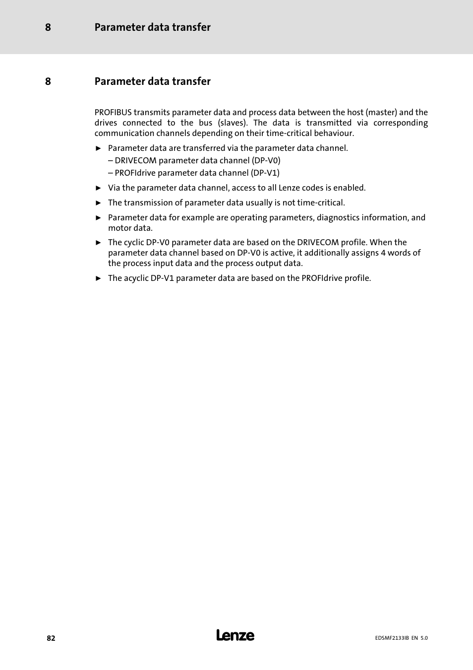 8 parameter data transfer, Parameter data transfer, Parameter data transfer 8 | 8parameter data transfer | Lenze EMF2133IB User Manual | Page 82 / 134