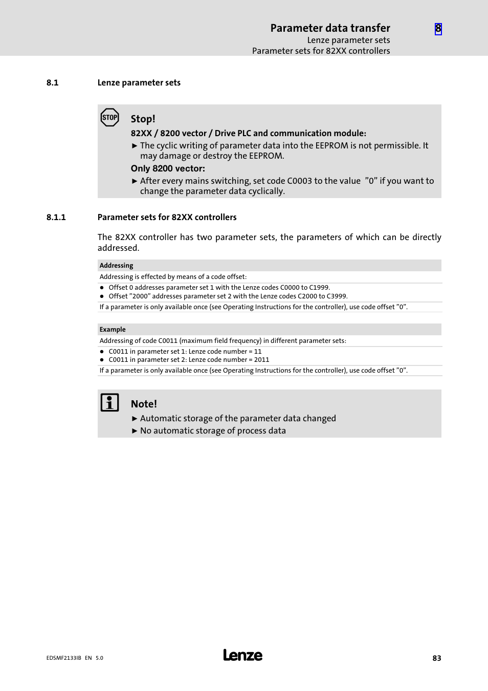 1 lenze parameter sets, 1 parameter sets for 82xx controllers, Lenze parameter sets | Parameter sets for 82xx controllers, Parameter data transfer | Lenze EMF2133IB User Manual | Page 83 / 134