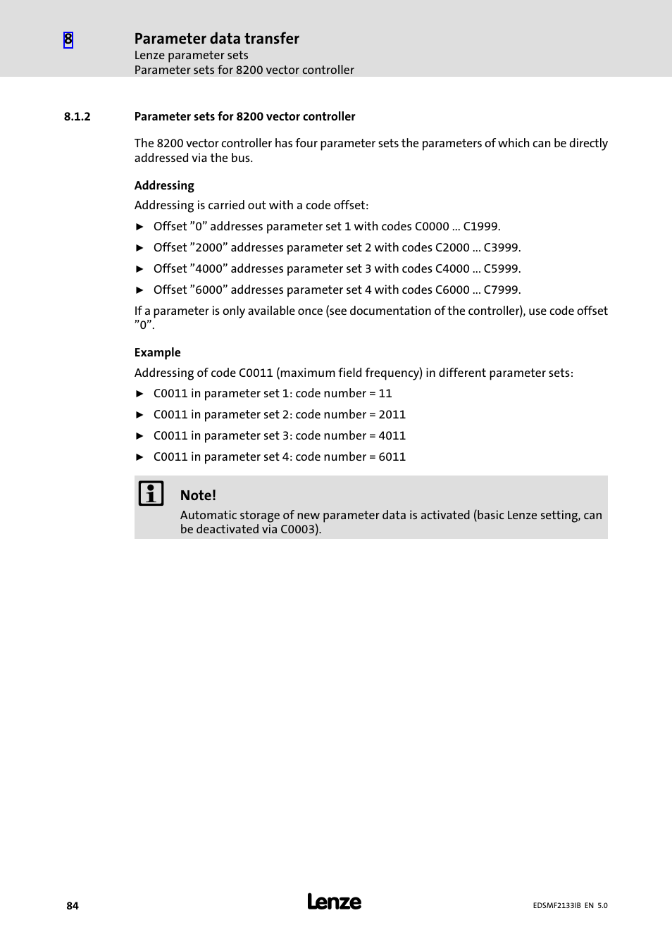2 parameter sets for 8200 vector controller, Parameter sets for 8200 vector controller, Parameter data transfer | Lenze EMF2133IB User Manual | Page 84 / 134