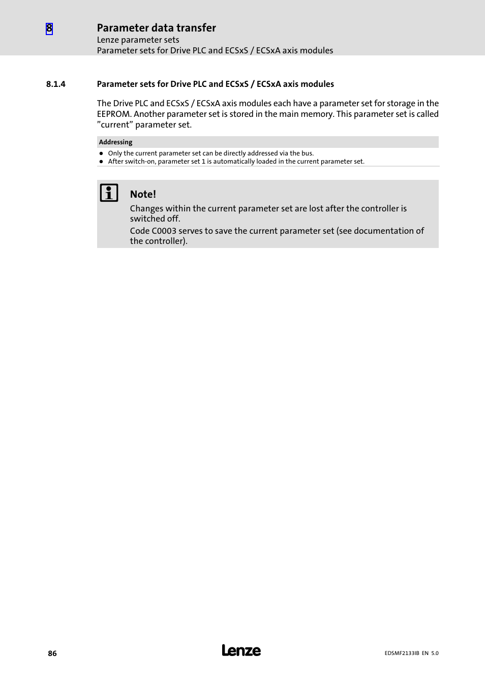 Parameter data transfer | Lenze EMF2133IB User Manual | Page 86 / 134