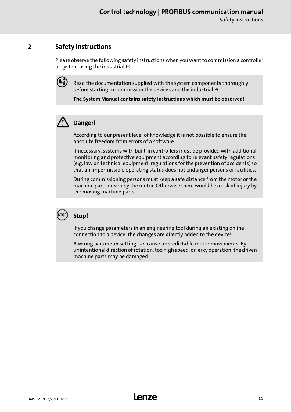 2 safety instructions, Safety instructions | Lenze PROFIBU PC-based Automation User Manual | Page 11 / 69