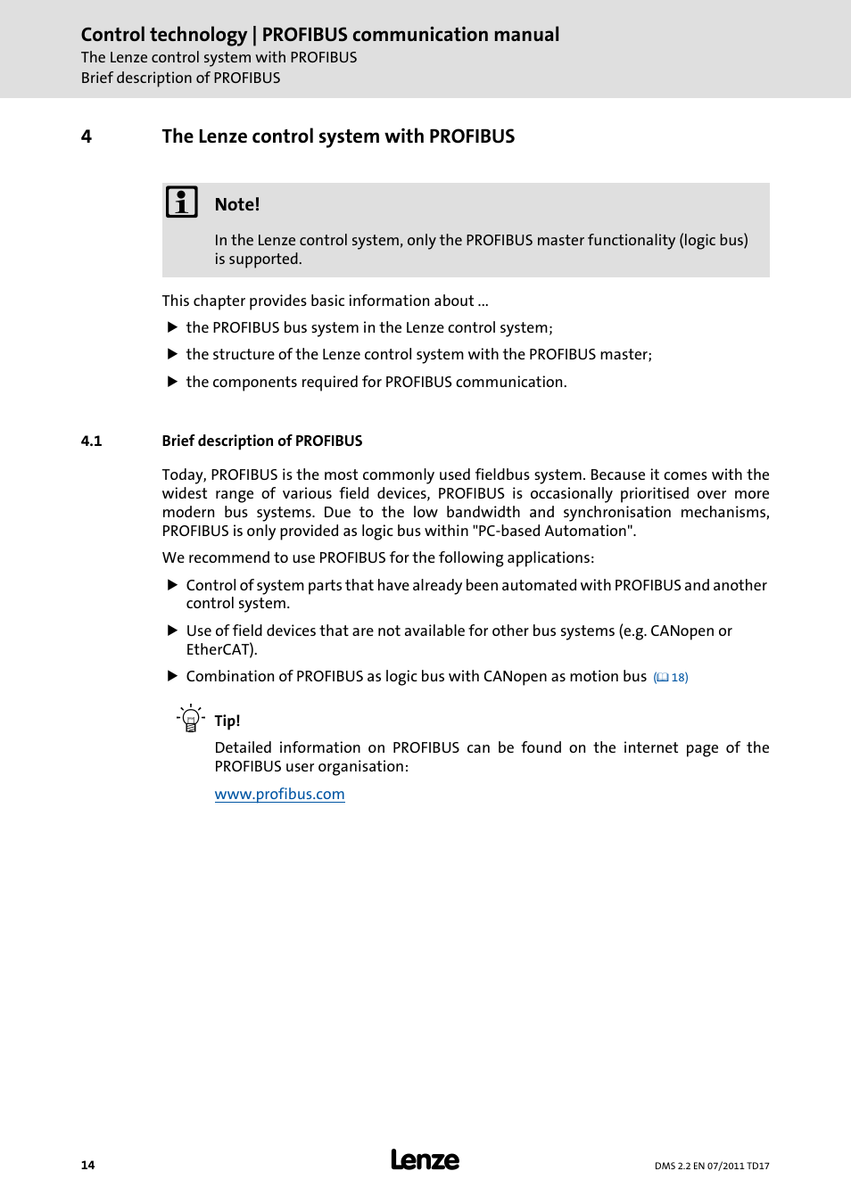 4 the lenze control system with profibus, 1 brief description of profibus, The lenze control system with profibus | Brief description of profibus | Lenze PROFIBU PC-based Automation User Manual | Page 14 / 69