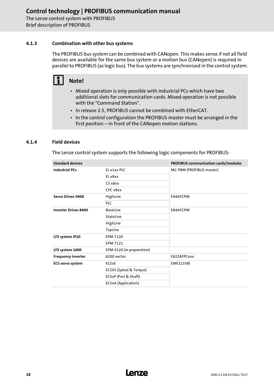 3 combination with other bus systems, 4 field devices, Combination with other bus systems | Field devices, Control technology | profibus communication manual | Lenze PROFIBU PC-based Automation User Manual | Page 18 / 69