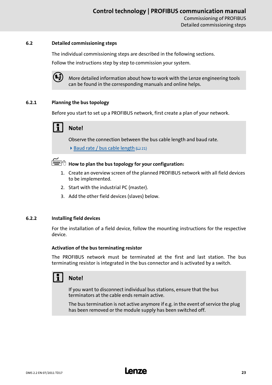 2 detailed commissioning steps, 1 planning the bus topology, 2 installing field devices | Detailed commissioning steps, Planning the bus topology, Installing field devices, Planning the bus topology ( 23) | Lenze PROFIBU PC-based Automation User Manual | Page 23 / 69