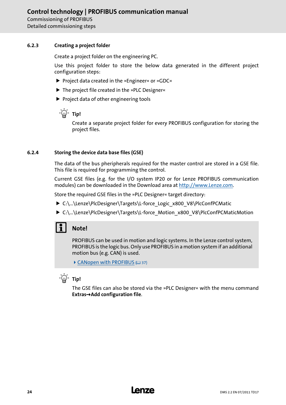 3 creating a project folder, 4 storing the device data base files (gse), Creating a project folder | Storing the device data base files (gse), Storing the device data base files (gse) ( 24) | Lenze PROFIBU PC-based Automation User Manual | Page 24 / 69