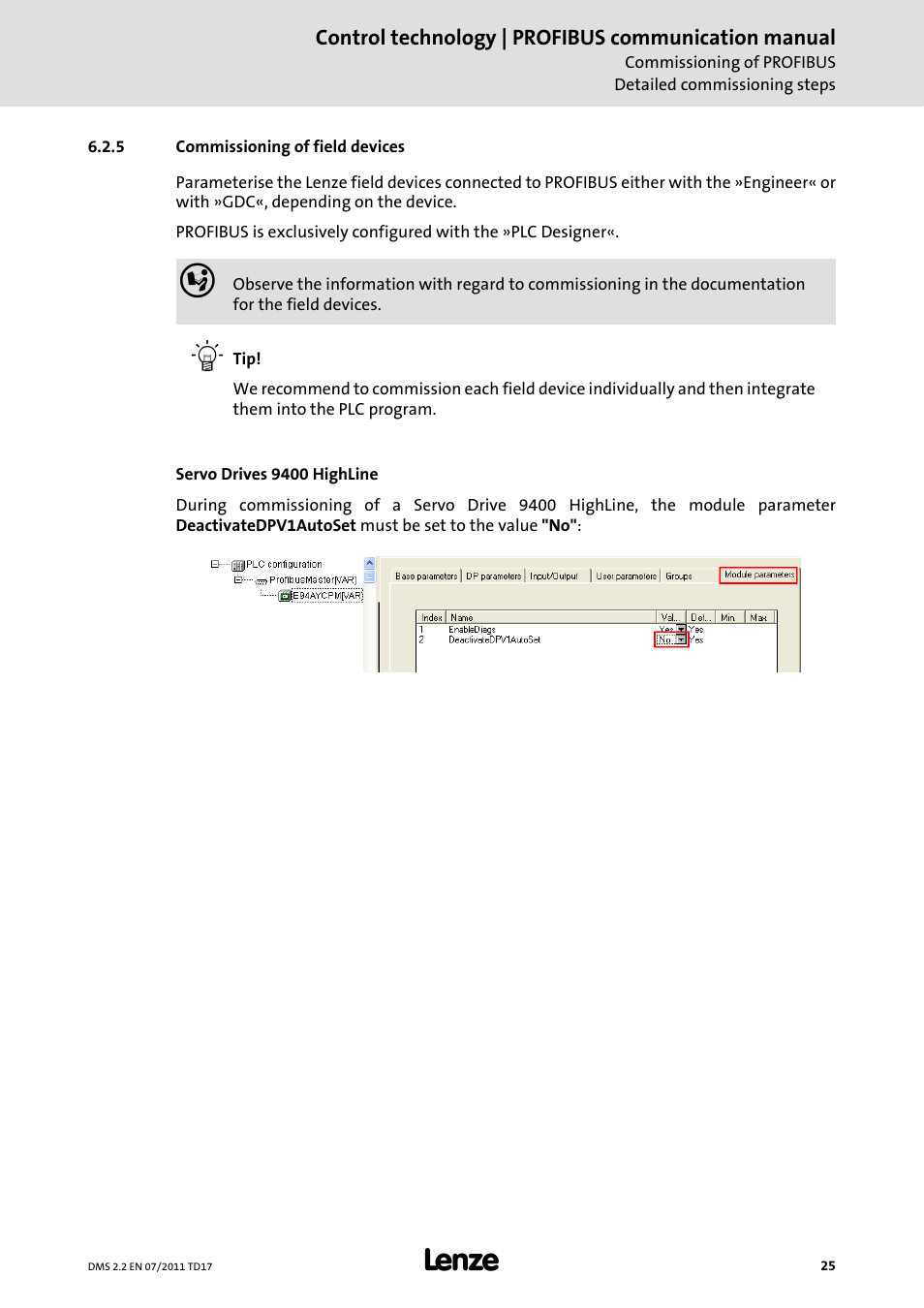 5 commissioning of field devices, Commissioning of field devices, Commissioning of field devices ( 25) | Lenze PROFIBU PC-based Automation User Manual | Page 25 / 69