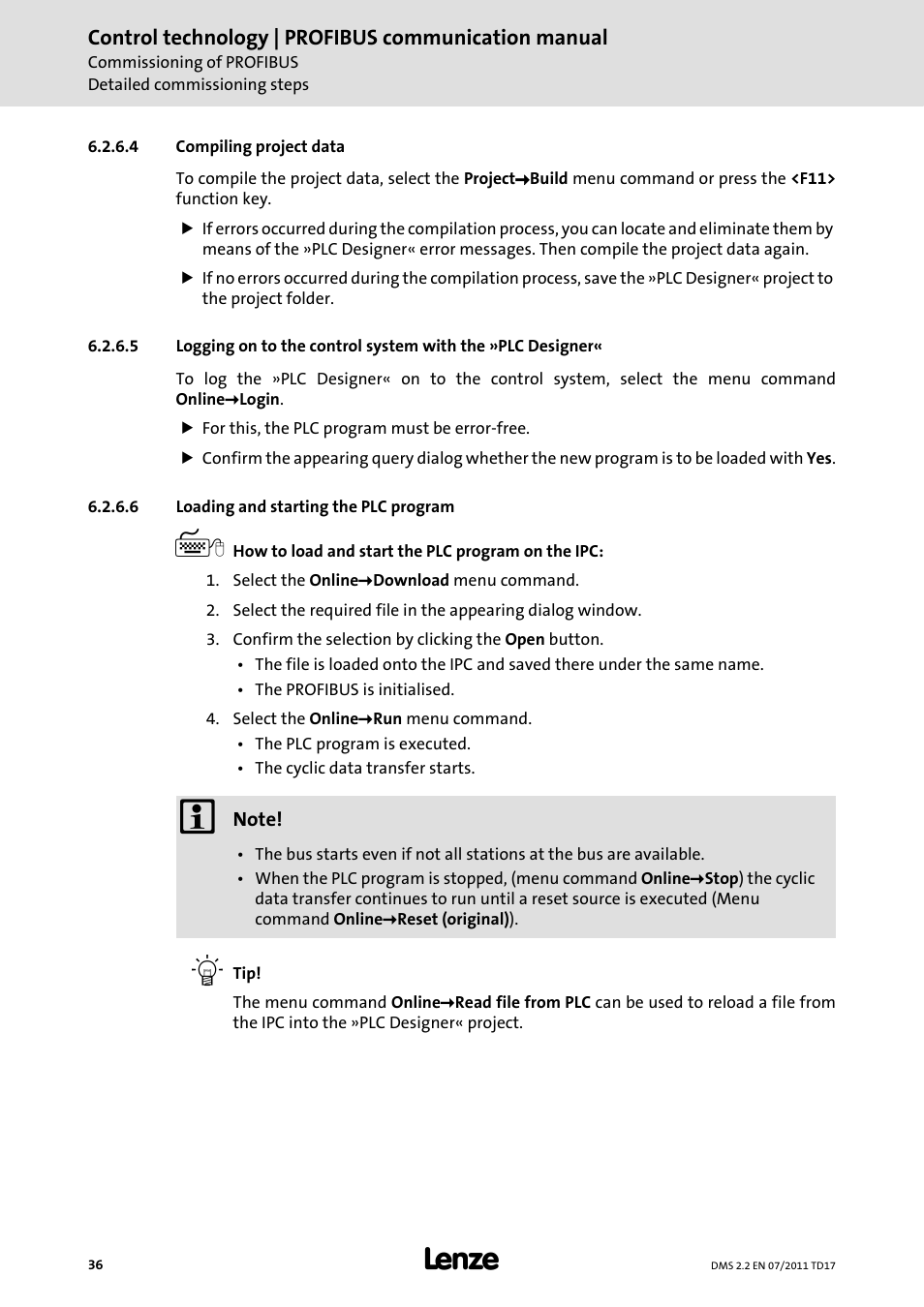 4 compiling project data, 6 loading and starting the plc program, Compiling project data ( 36) | Loading and starting the plc program ( 36) | Lenze PROFIBU PC-based Automation User Manual | Page 36 / 69