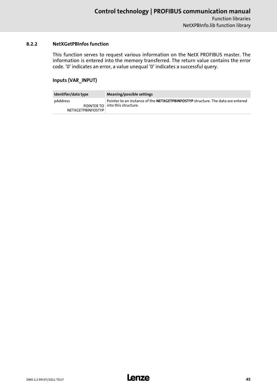 2 netxgetpbinfos function, Netxgetpbinfos function, Control technology | profibus communication manual | Lenze PROFIBU PC-based Automation User Manual | Page 45 / 69