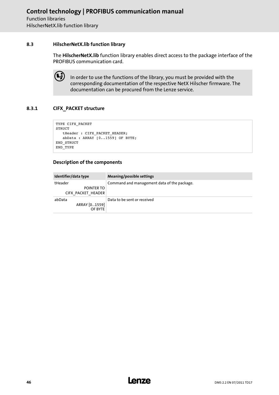 3 hilschernetx.lib function library, 1 cifx_packet structure, Hilschernetx.lib function library | Cifx_packet structure, Hilschernetx.lib function library ( 46), Control technology | profibus communication manual | Lenze PROFIBU PC-based Automation User Manual | Page 46 / 69