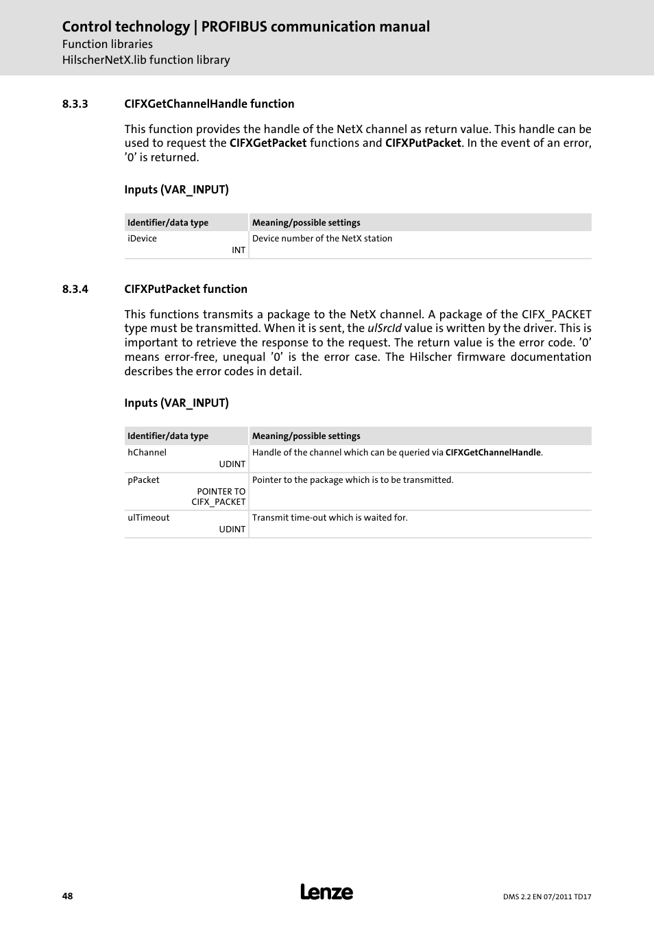3 cifxgetchannelhandle function, 4 cifxputpacket function, Cifxgetchannelhandle function | Cifxputpacket function, Control technology | profibus communication manual | Lenze PROFIBU PC-based Automation User Manual | Page 48 / 69