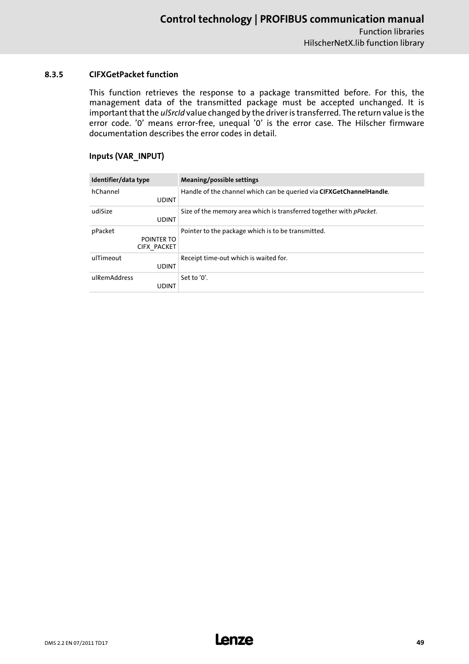 5 cifxgetpacket function, Cifxgetpacket function, Control technology | profibus communication manual | Lenze PROFIBU PC-based Automation User Manual | Page 49 / 69