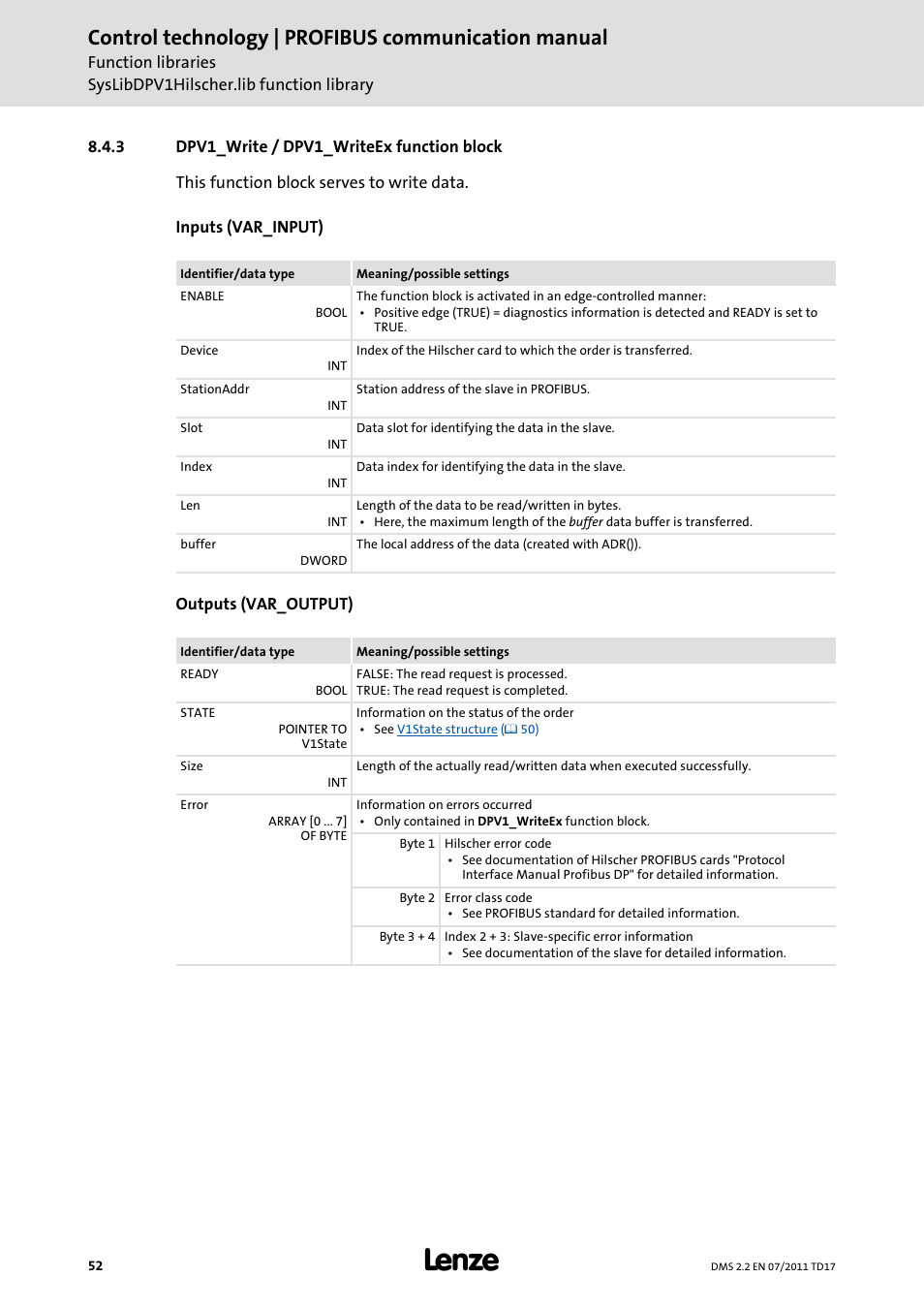 3 dpv1_write / dpv1_writeex function block, Dpv1_write / dpv1_writeex function block, Control technology | profibus communication manual | Lenze PROFIBU PC-based Automation User Manual | Page 52 / 69