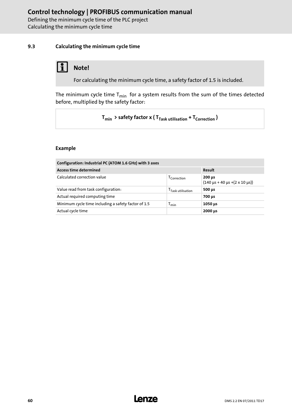 3 calculating the minimum cycle time, Calculating the minimum cycle time, Control technology | profibus communication manual | Lenze PROFIBU PC-based Automation User Manual | Page 60 / 69