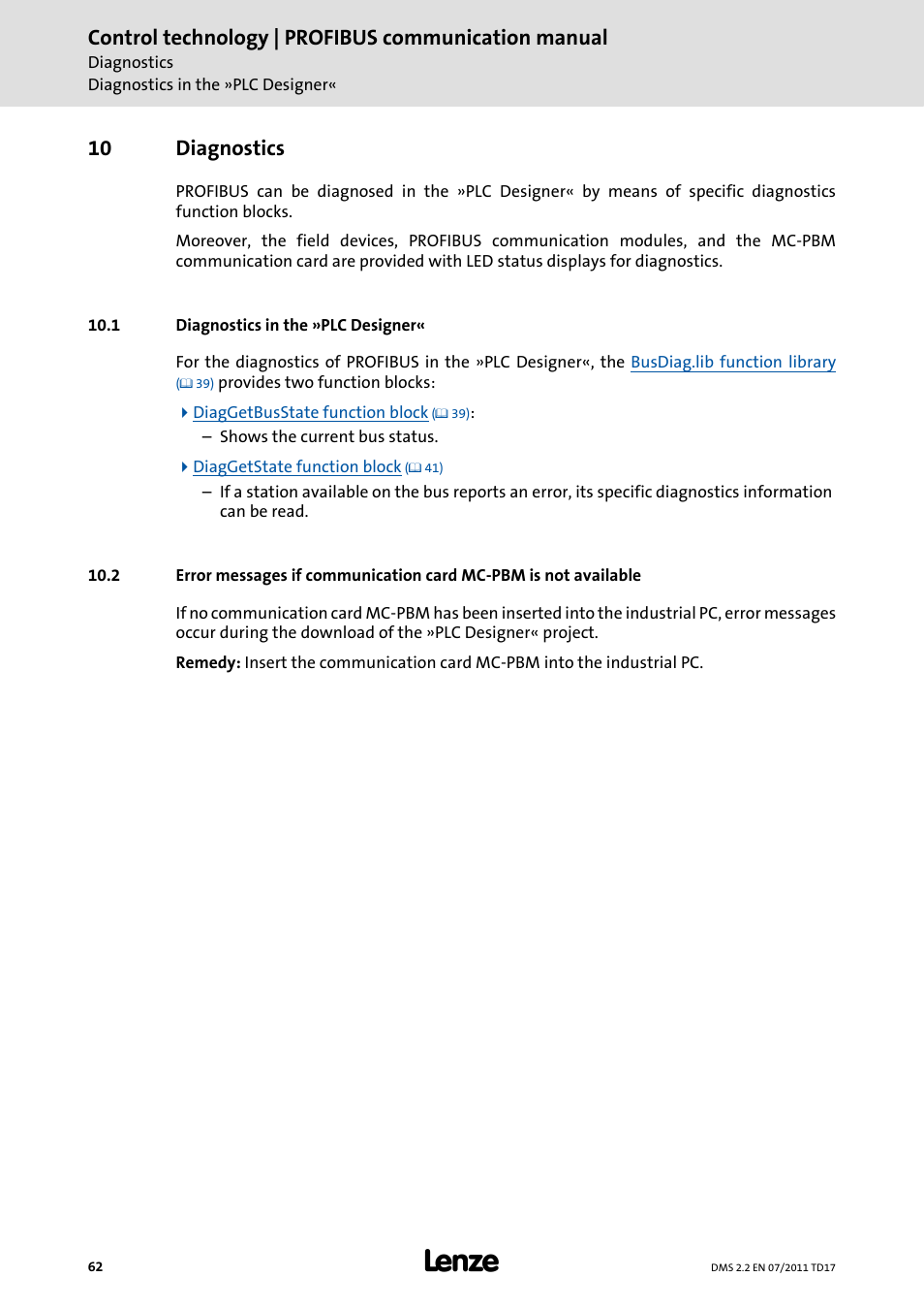 10 diagnostics, 1 diagnostics in the »plc designer, Diagnostics | Diagnostics in the »plc designer, Control technology | profibus communication manual | Lenze PROFIBU PC-based Automation User Manual | Page 62 / 69