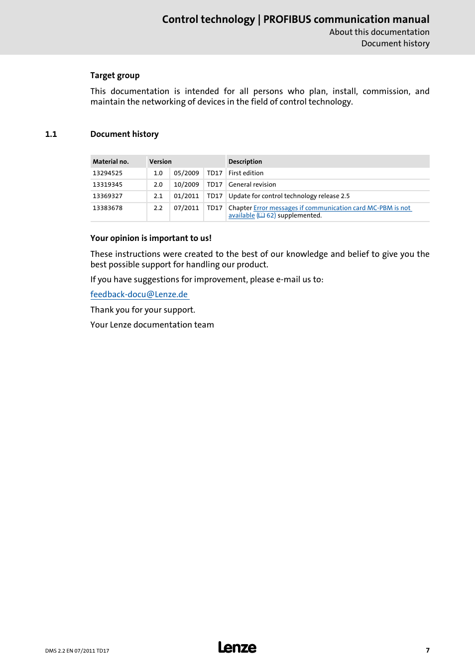 1 document history, Document history, Control technology | profibus communication manual | Lenze PROFIBU PC-based Automation User Manual | Page 7 / 69