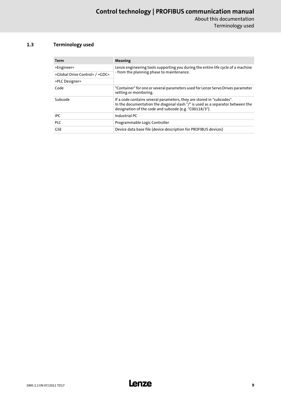 3 terminology used, Terminology used, Control technology | profibus communication manual | Lenze PROFIBU PC-based Automation User Manual | Page 9 / 69