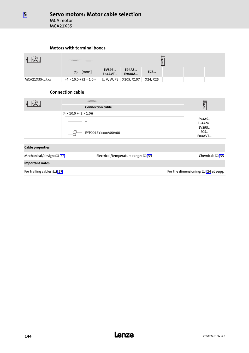 Servo motors: motor cable selection | Lenze EY System cables and system connectors User Manual | Page 144 / 887