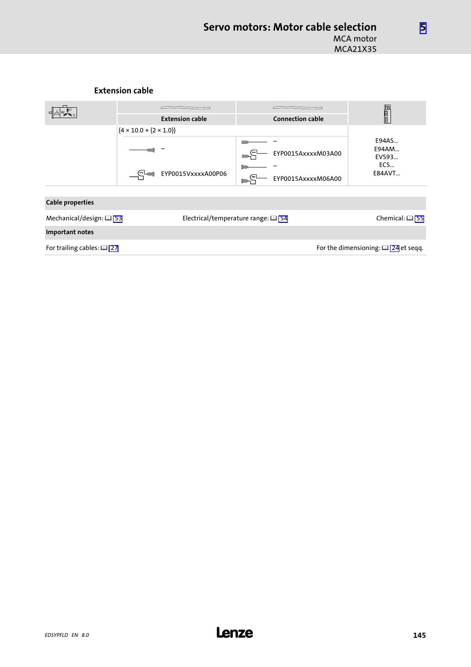 Servo motors: motor cable selection | Lenze EY System cables and system connectors User Manual | Page 145 / 887