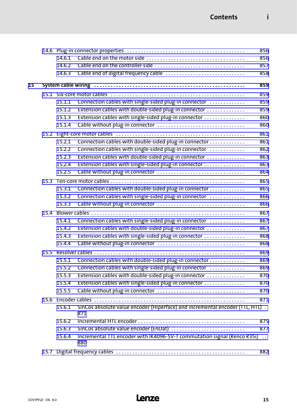 Contents i | Lenze EY System cables and system connectors User Manual | Page 15 / 887