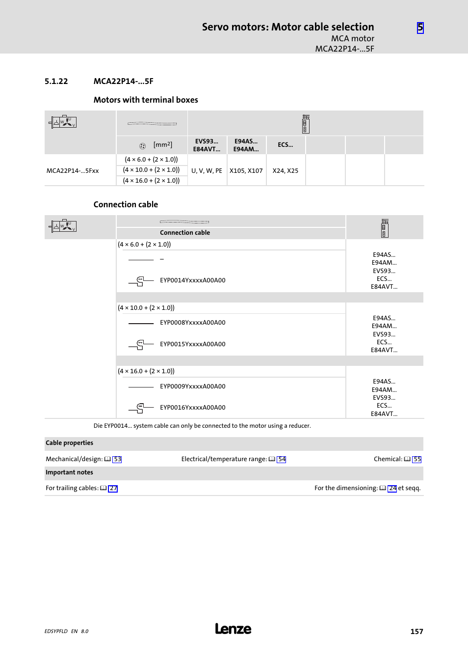 Mca22p14 f, 22 mca22p14 f, Servo motors: motor cable selection | Lenze EY System cables and system connectors User Manual | Page 157 / 887