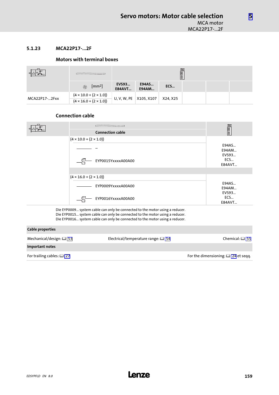Mca22p17 f, 23 mca22p17 f, Servo motors: motor cable selection | Lenze EY System cables and system connectors User Manual | Page 159 / 887