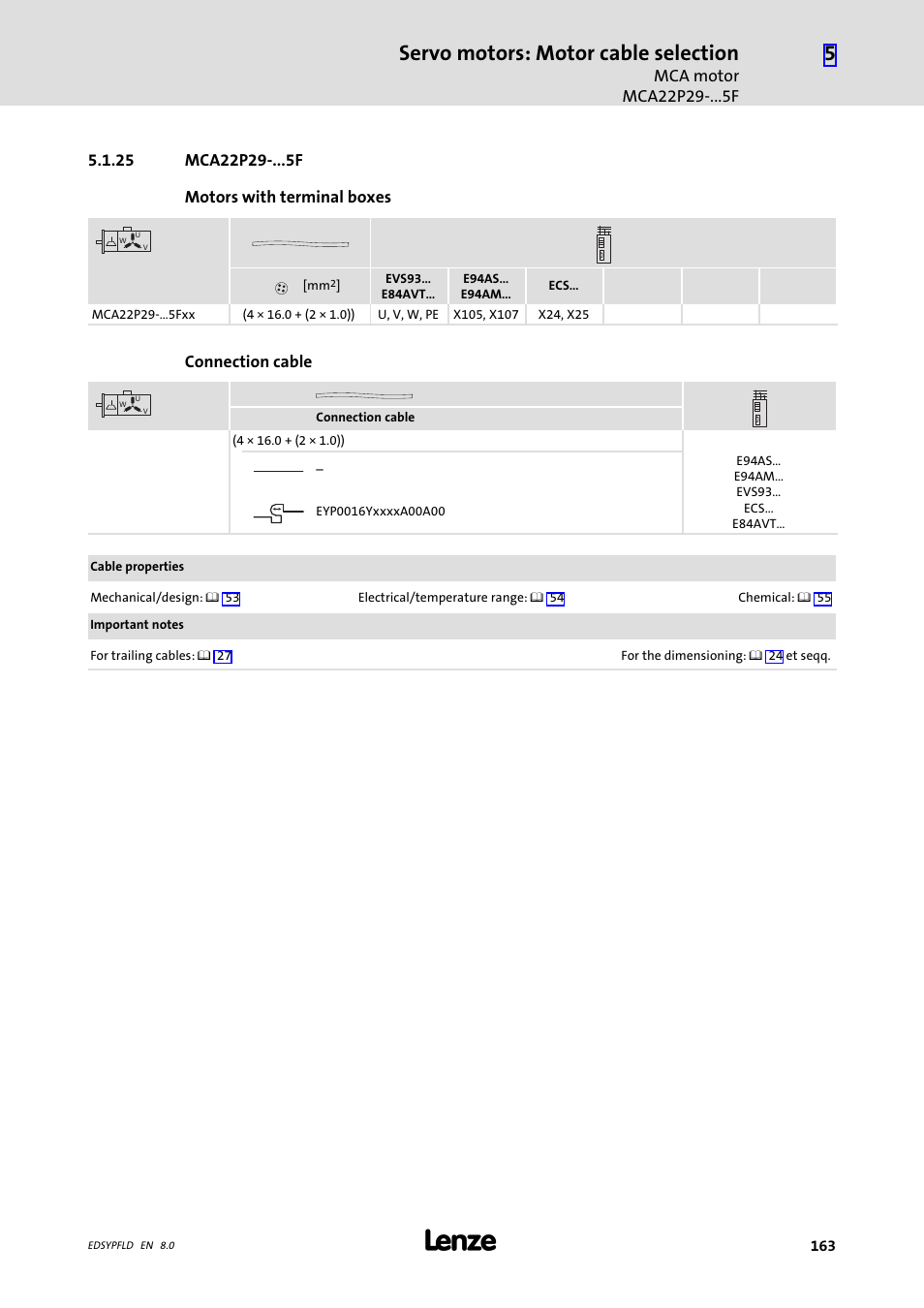 Mca22p29 f, 25 mca22p29 f, Servo motors: motor cable selection | Lenze EY System cables and system connectors User Manual | Page 163 / 887