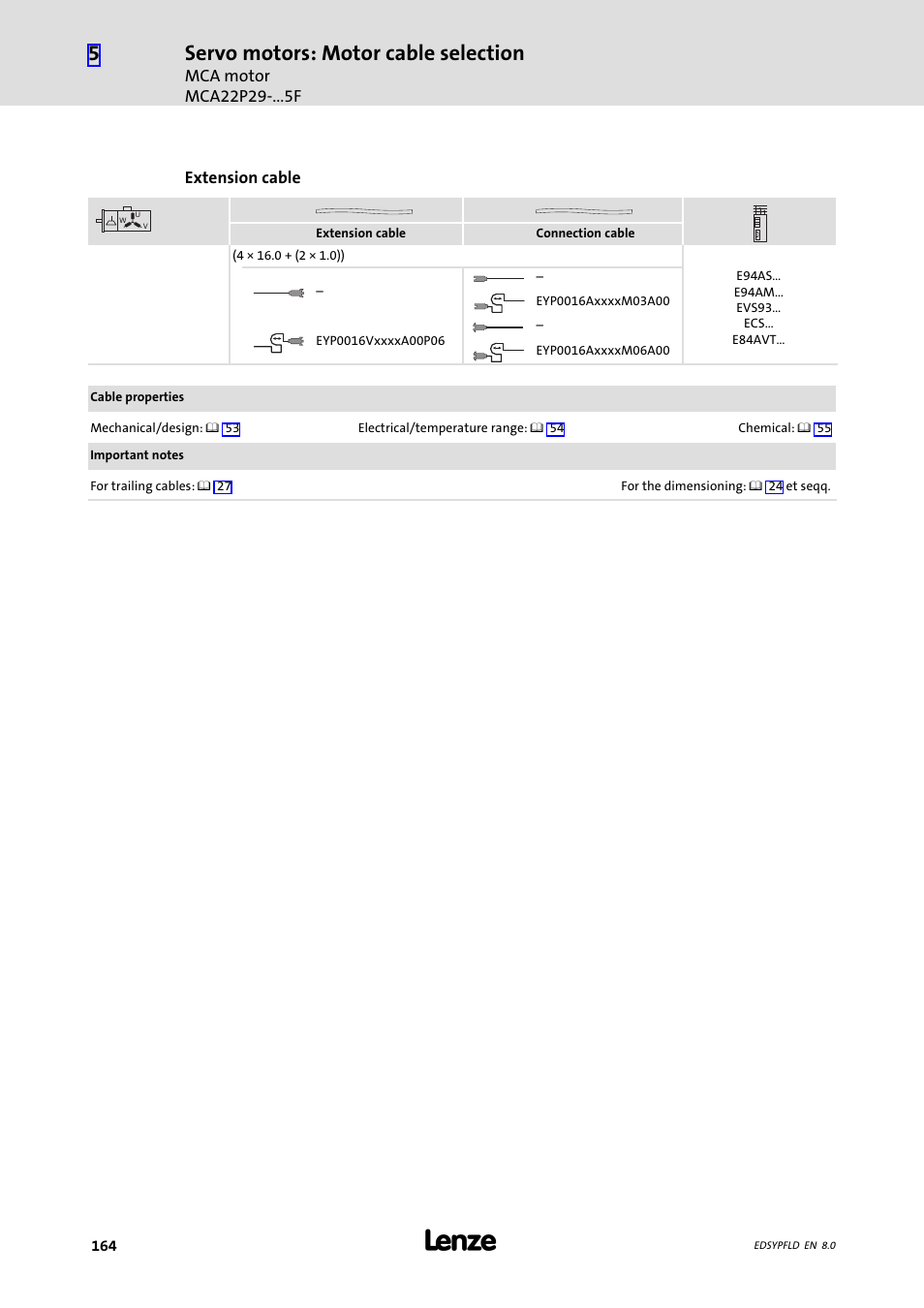 Servo motors: motor cable selection | Lenze EY System cables and system connectors User Manual | Page 164 / 887
