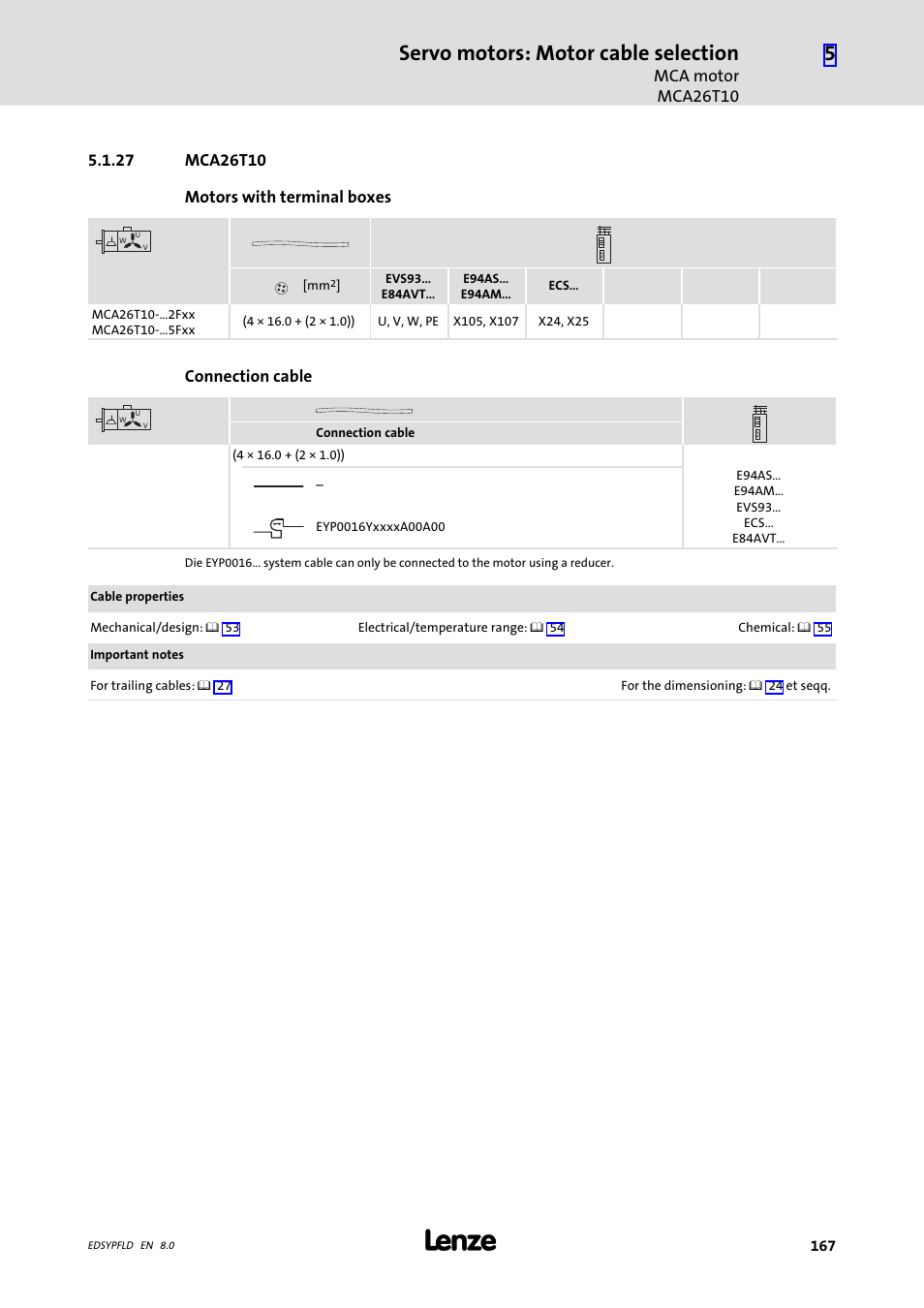 Mca26t10, 27 mca26t10, Servo motors: motor cable selection | Lenze EY System cables and system connectors User Manual | Page 167 / 887