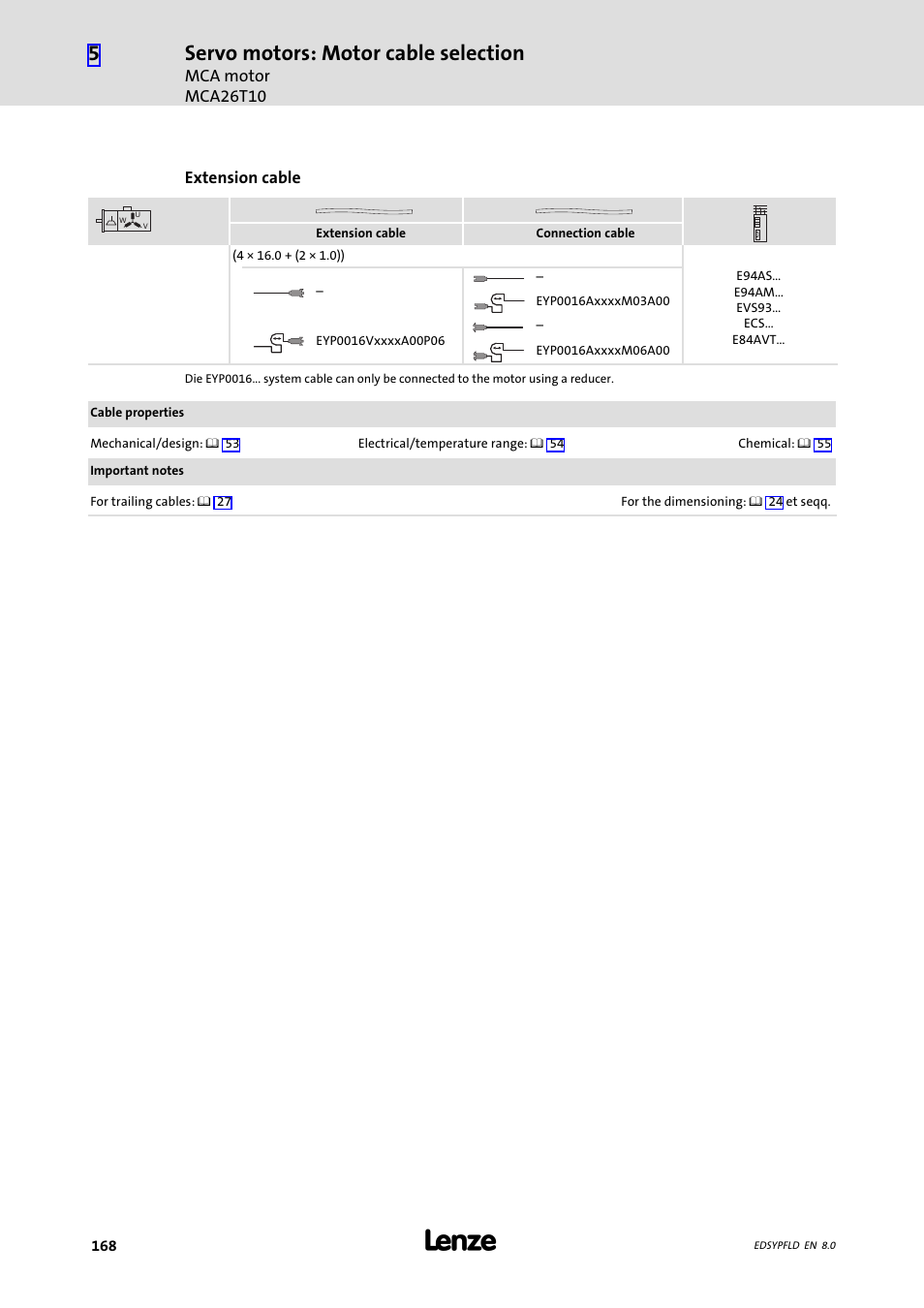 Servo motors: motor cable selection | Lenze EY System cables and system connectors User Manual | Page 168 / 887