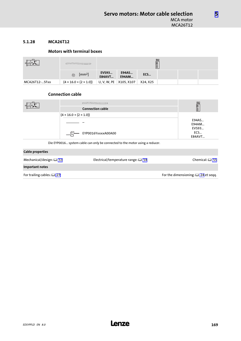 Mca26t12, 28 mca26t12, Servo motors: motor cable selection | Lenze EY System cables and system connectors User Manual | Page 169 / 887