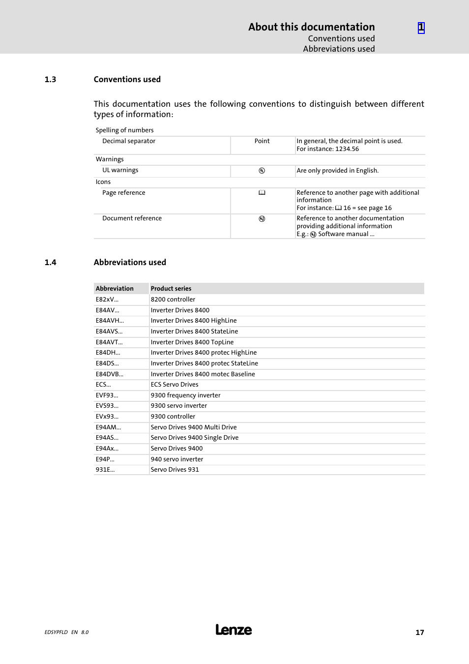 Conventions used, Abbreviations used, 3 conventions used | 4 abbreviations used, About this documentation | Lenze EY System cables and system connectors User Manual | Page 17 / 887