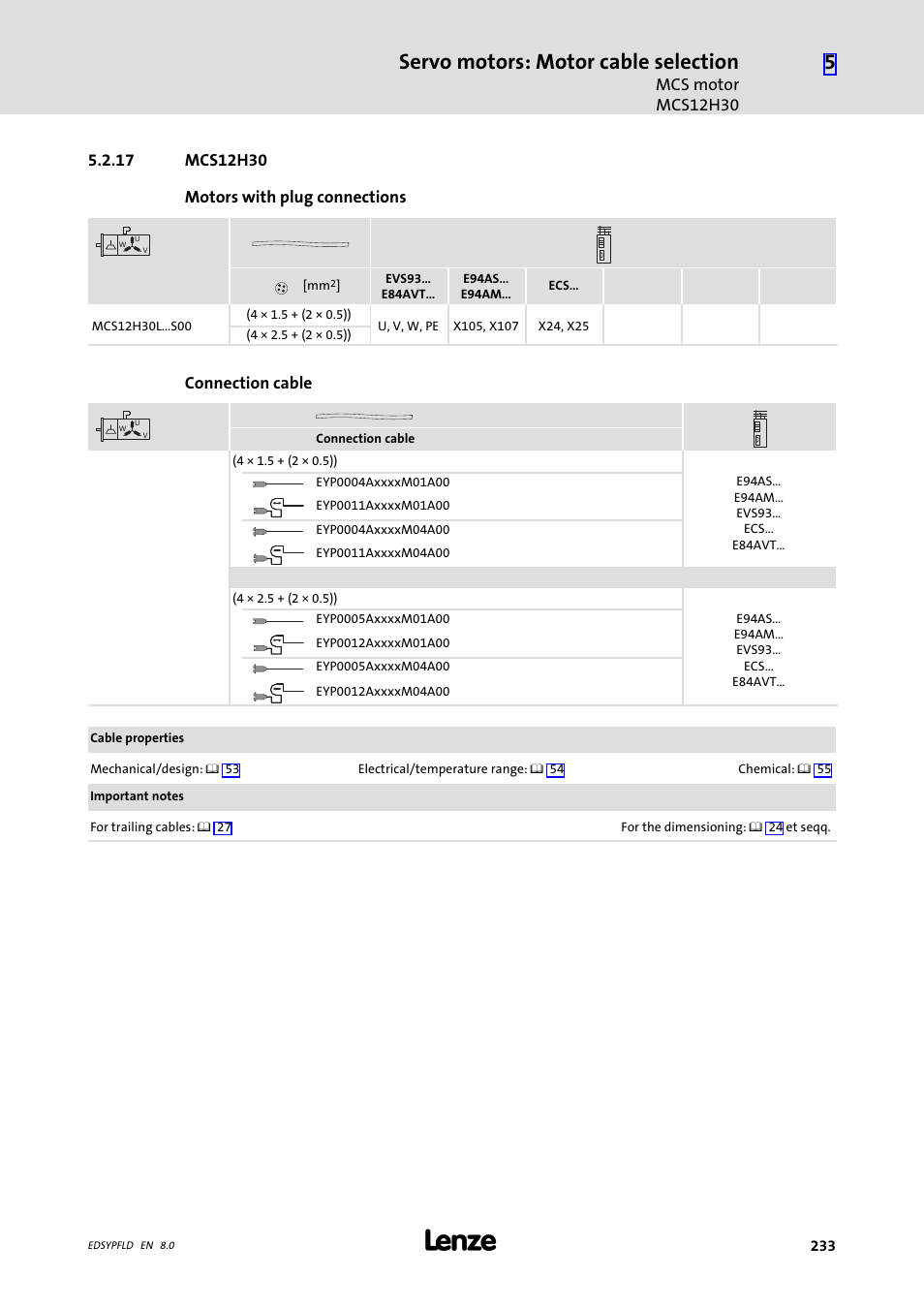 Mcs12h30, 17 mcs12h30, Servo motors: motor cable selection | Lenze EY System cables and system connectors User Manual | Page 233 / 887