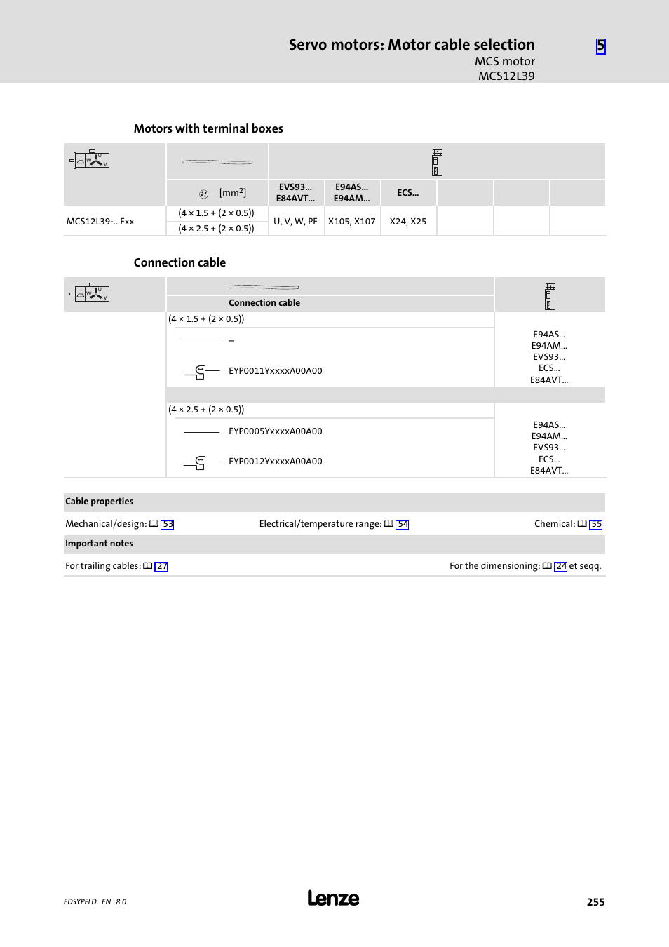 Servo motors: motor cable selection | Lenze EY System cables and system connectors User Manual | Page 255 / 887