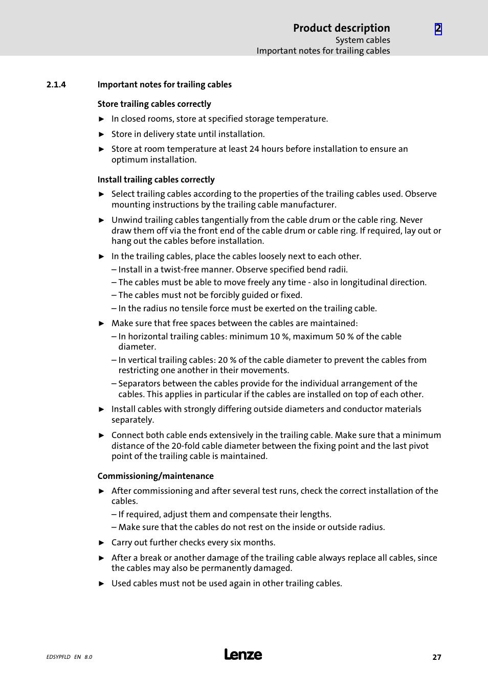 Important notes for trailing cables, Product description | Lenze EY System cables and system connectors User Manual | Page 27 / 887
