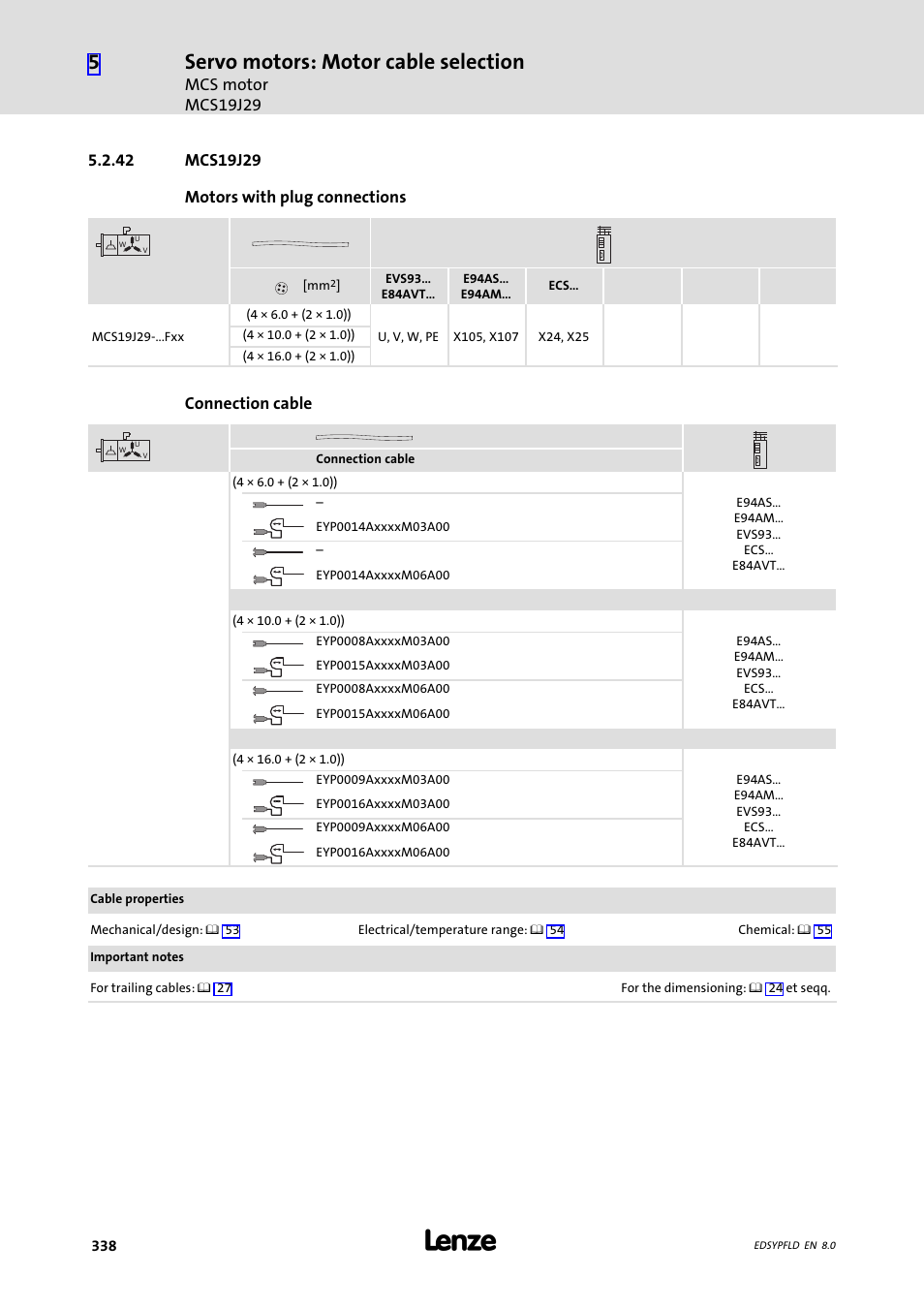 Mcs19j29, 42 mcs19j29, Servo motors: motor cable selection | Mcs motor mcs19j29, Connection cable | Lenze EY System cables and system connectors User Manual | Page 338 / 887