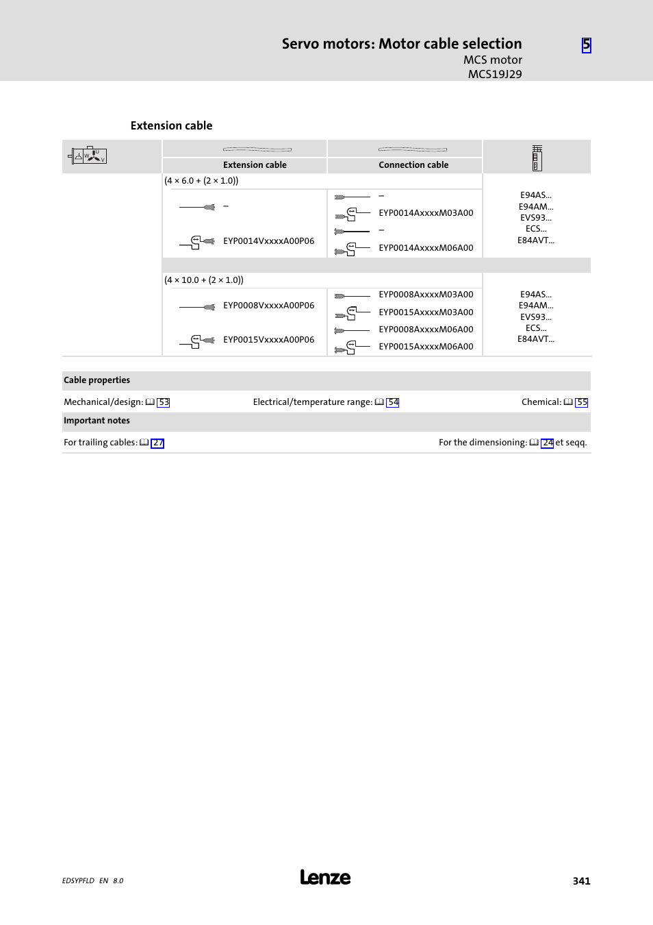 Servo motors: motor cable selection | Lenze EY System cables and system connectors User Manual | Page 341 / 887