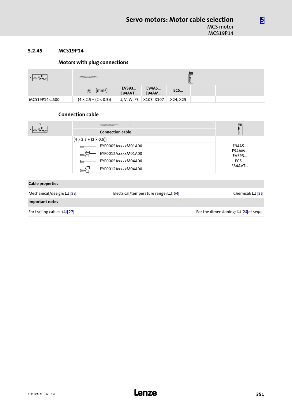 Mcs19p14, 45 mcs19p14, Servo motors: motor cable selection | Lenze EY System cables and system connectors User Manual | Page 351 / 887