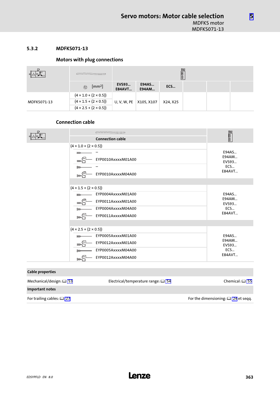 Mdfks071-13, Servo motors: motor cable selection, Connection cable | Lenze EY System cables and system connectors User Manual | Page 363 / 887