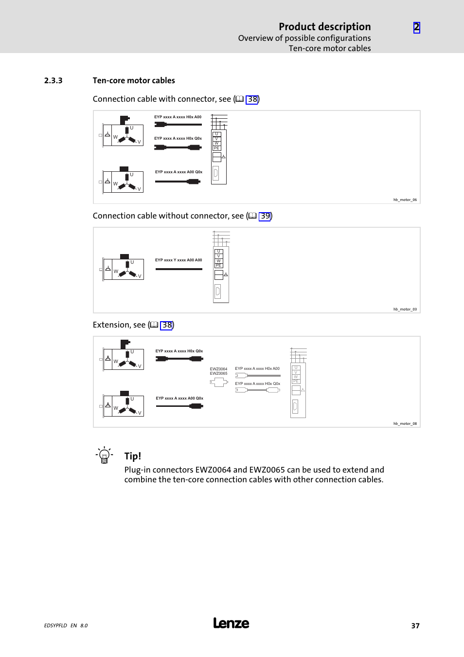 Ten-core motor cables, Product description, Connection cable without connector, see ( ¶ 39) | Extension, see ( ¶ 38) | Lenze EY System cables and system connectors User Manual | Page 37 / 887