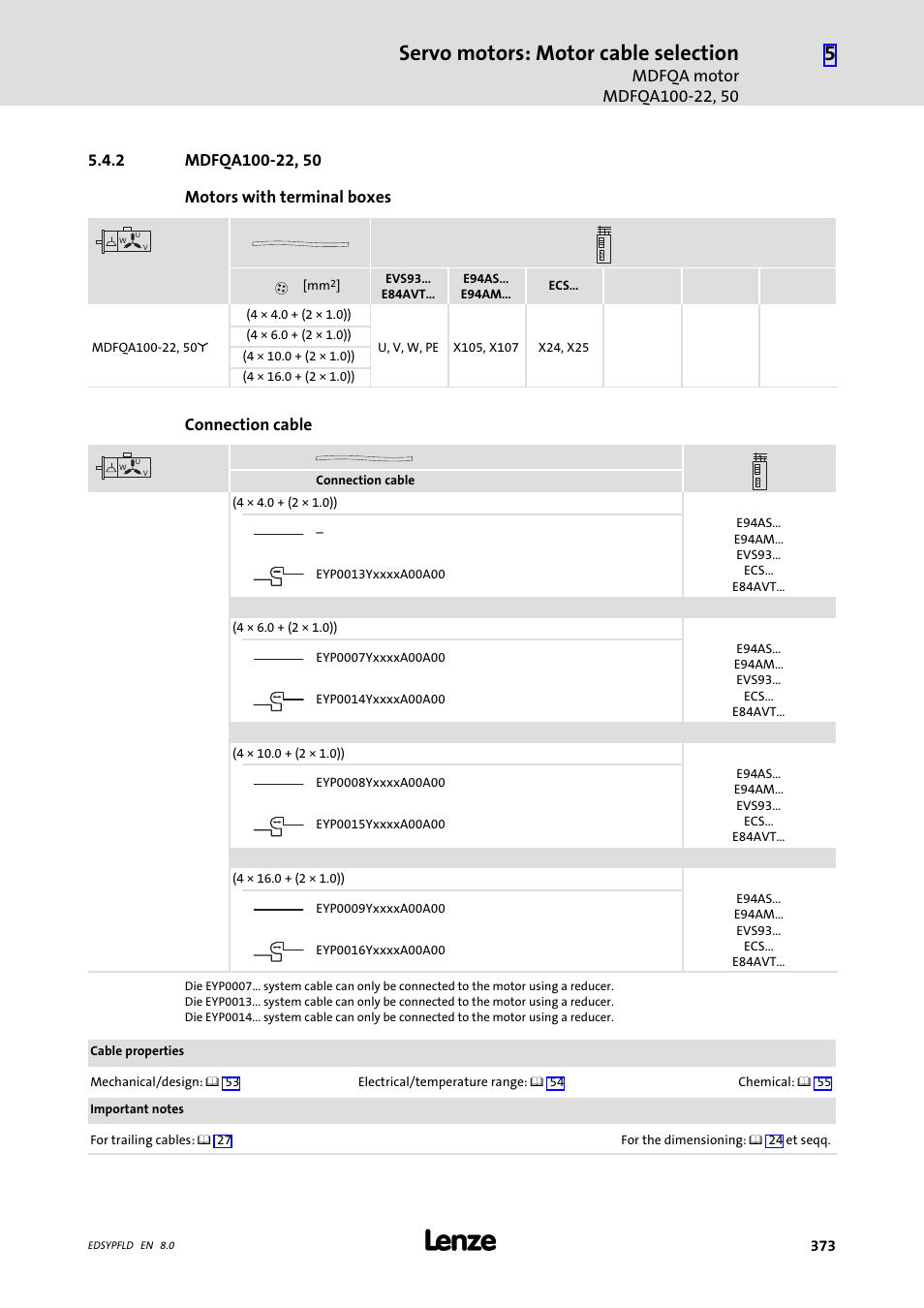 Mdfqa100-22, 50, Servo motors: motor cable selection, Connection cable | Lenze EY System cables and system connectors User Manual | Page 373 / 887