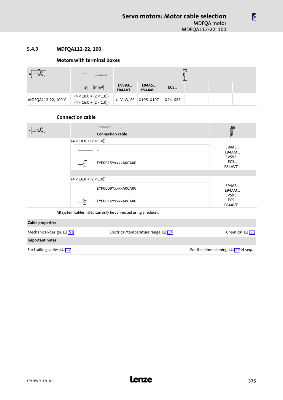 Mdfqa112-22, 100, Servo motors: motor cable selection | Lenze EY System cables and system connectors User Manual | Page 375 / 887