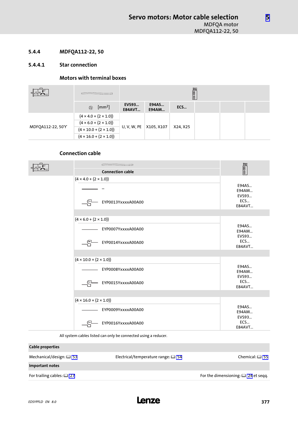 Mdfqa112-22, 50, Servo motors: motor cable selection | Lenze EY System cables and system connectors User Manual | Page 377 / 887