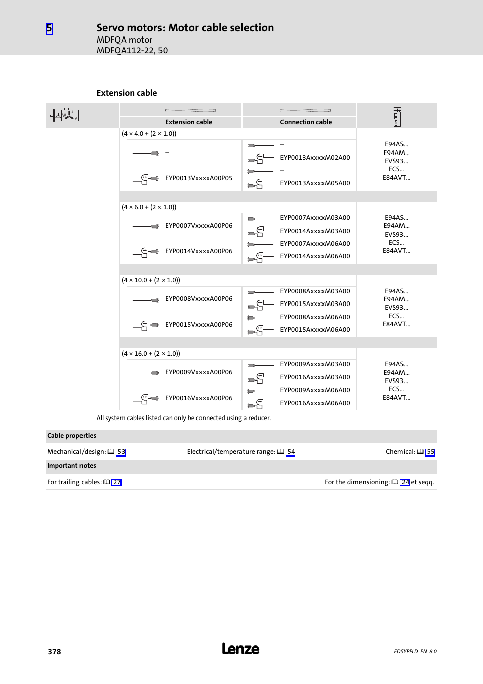 Servo motors: motor cable selection | Lenze EY System cables and system connectors User Manual | Page 378 / 887