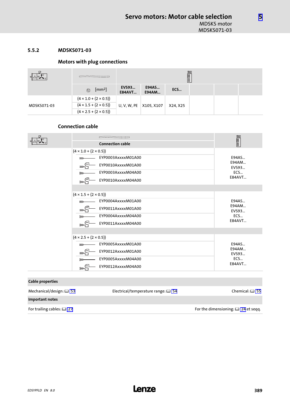 Mdsks071-03, Servo motors: motor cable selection, Connection cable | Lenze EY System cables and system connectors User Manual | Page 389 / 887