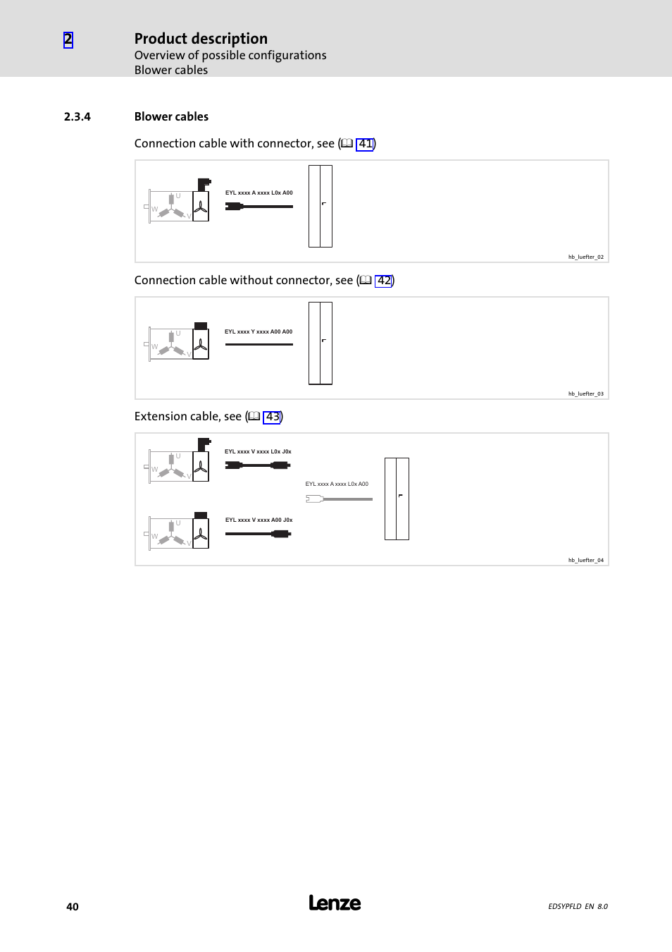 Blower cables, Product description, Overview of possible configurations blower cables | Connection cable without connector, see ( ¶ 42), Extension cable, see ( ¶ 43) | Lenze EY System cables and system connectors User Manual | Page 40 / 887
