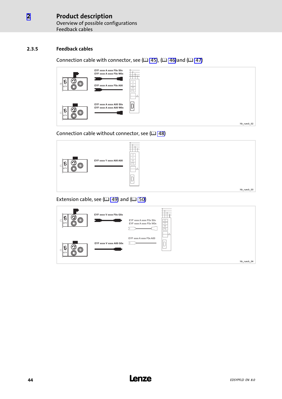 Feedback cables, Product description, Connection cable without connector, see ( ¶ 48) | Extension cable, see ( ¶ 49) and ( ¶ 50) | Lenze EY System cables and system connectors User Manual | Page 44 / 887