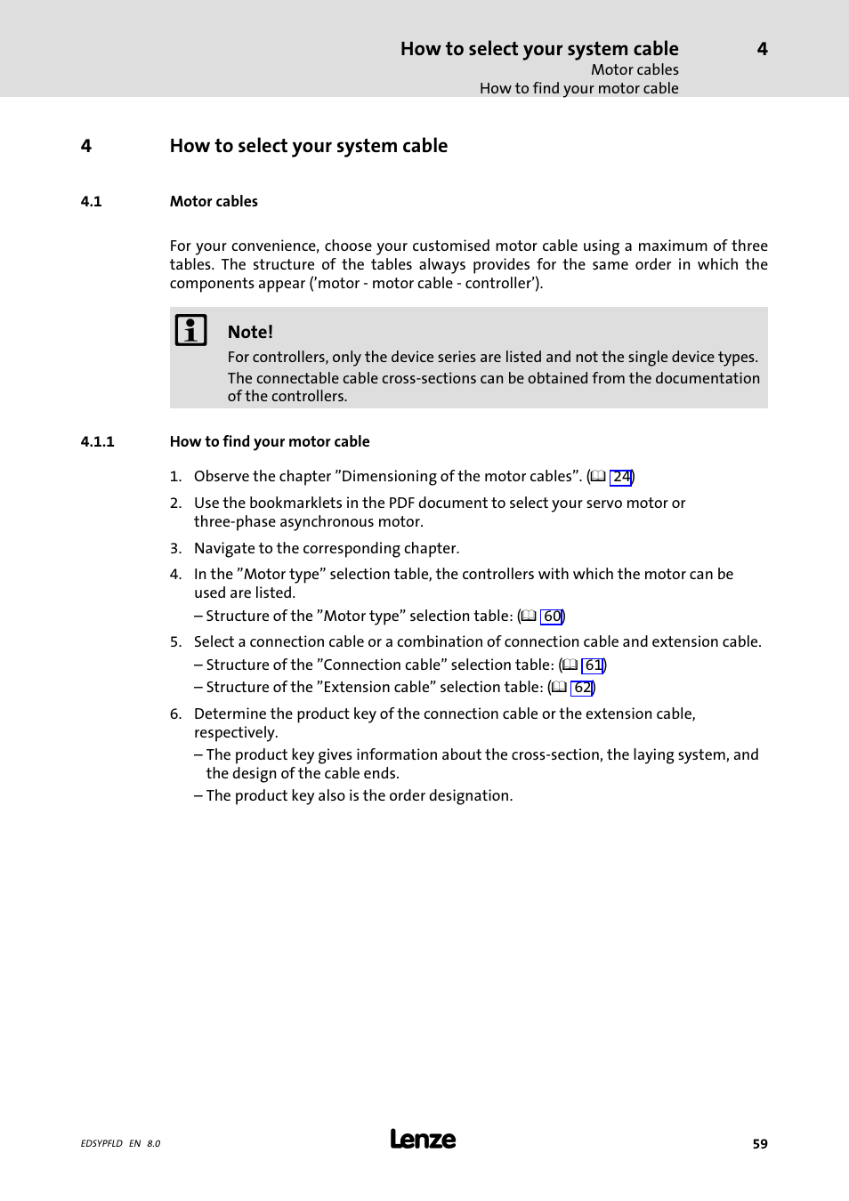 How to select your system cable, Motor cables, How to find your motor cable | 1 motor cables | Lenze EY System cables and system connectors User Manual | Page 59 / 887