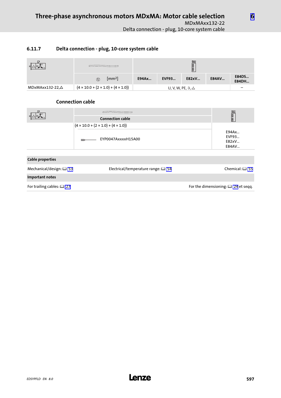 Delta connection - plug, 10-core system cable, 7 delta connection - plug, 10-core system cable | Lenze EY System cables and system connectors User Manual | Page 597 / 887
