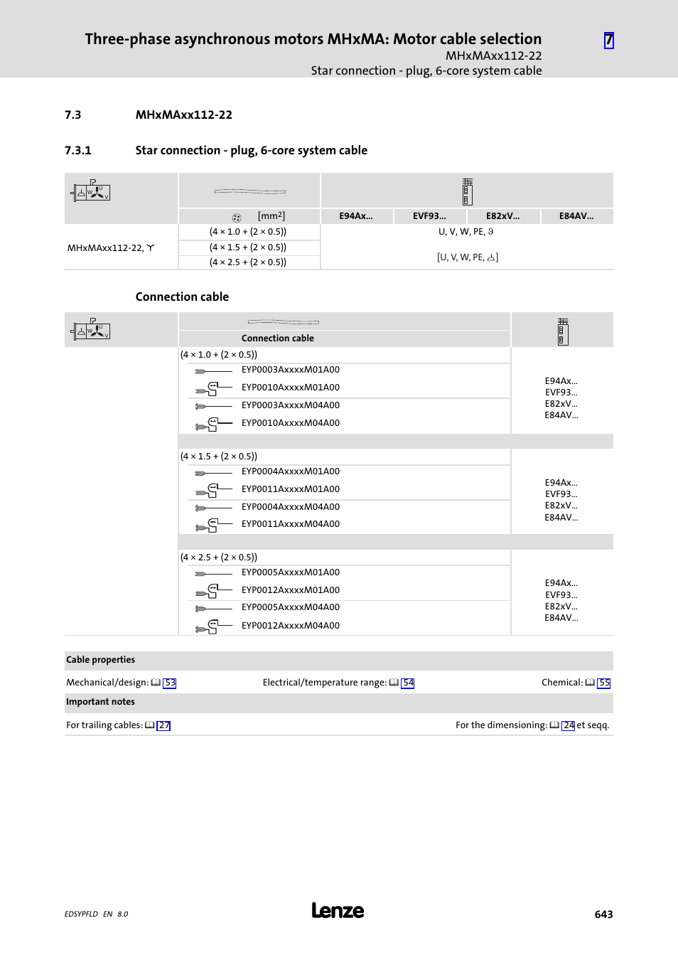 Mhxmaxx112-22, Star connection - plug, 6-core system cable, 3 mhxmaxx112-22 | Lenze EY System cables and system connectors User Manual | Page 643 / 887