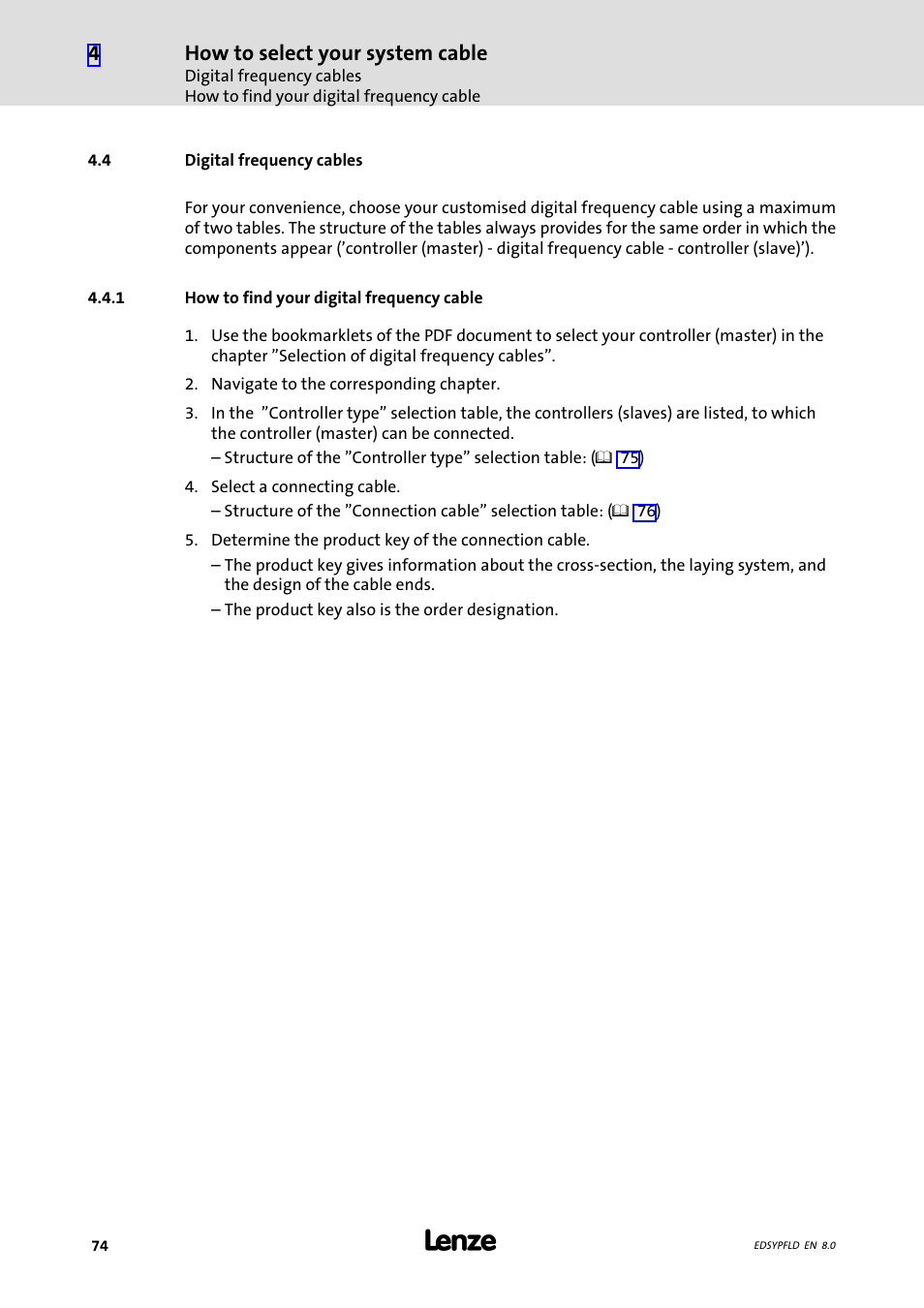 Digital frequency cables, How to find your digital frequency cable, 4 digital frequency cables | How to select your system cable | Lenze EY System cables and system connectors User Manual | Page 74 / 887